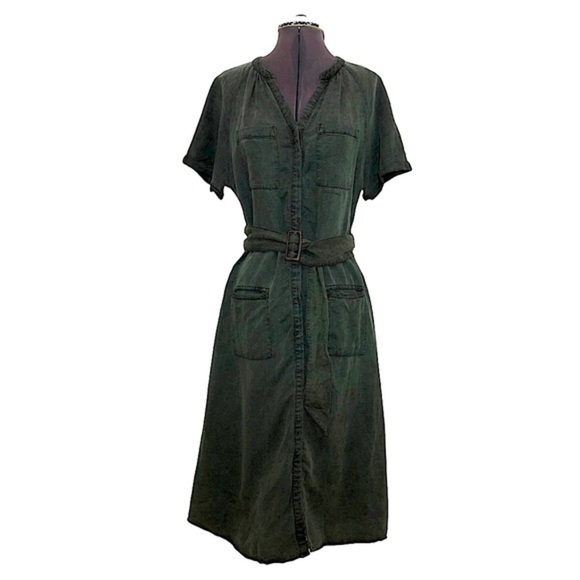 Lucky Brand Linen Blend Army Green Button Closure Pockets Belted Midi Dress S - Picture 1 of 15